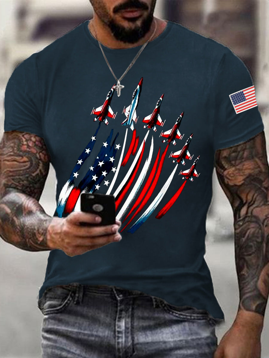 Día de la Independencia de los hombres USA Flag Fighter Jets Print Casual Tee