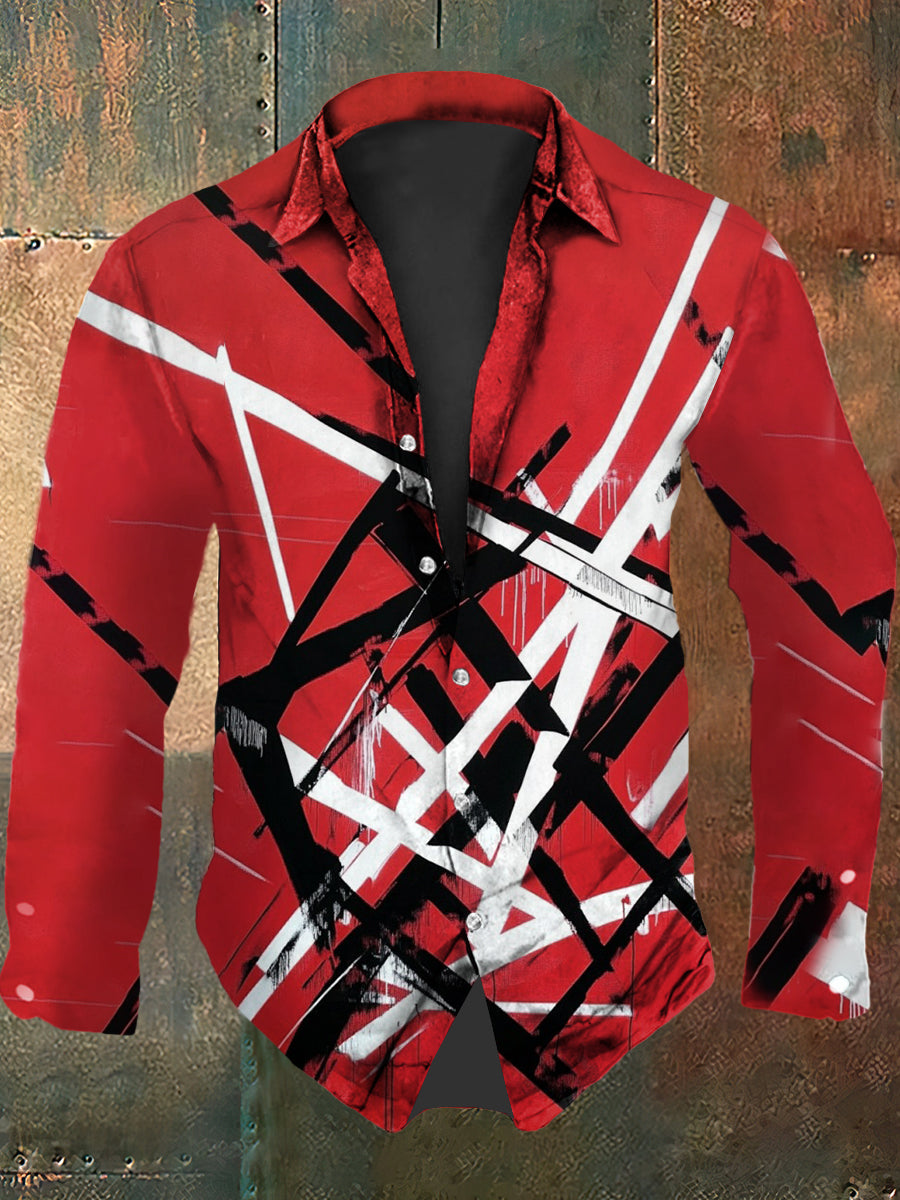 Vintage de los hombres VH Guitarra Líneas Resumen Imprimir Casual Camisa Manga Larga