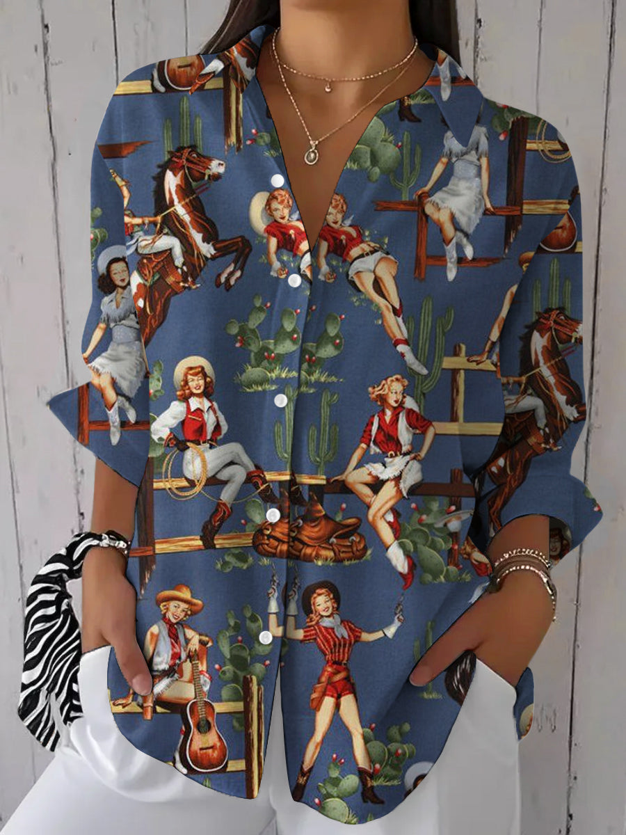 Camisa de manga larga casual con estampado vaquero occidental vintage para mujer