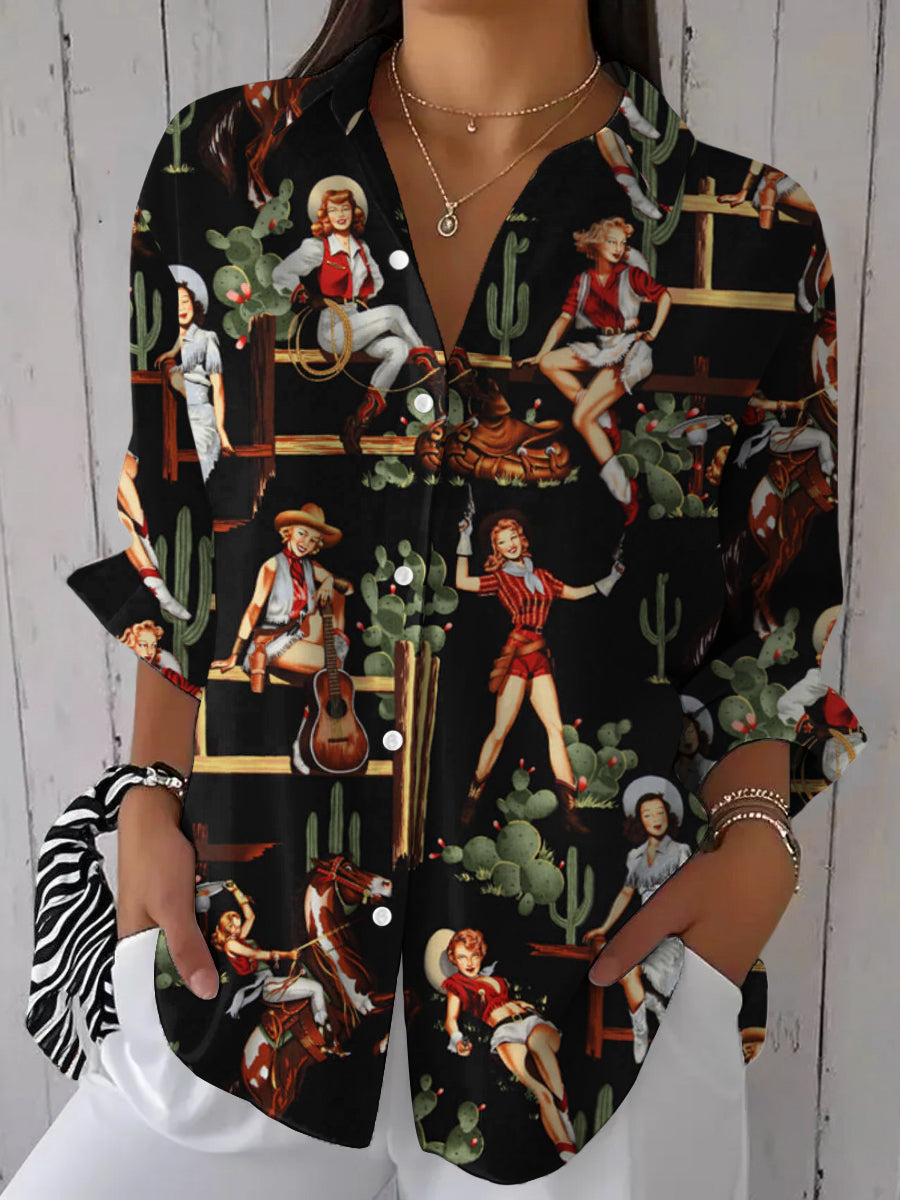 Camisa de manga larga casual con estampado vaquero occidental vintage para mujer