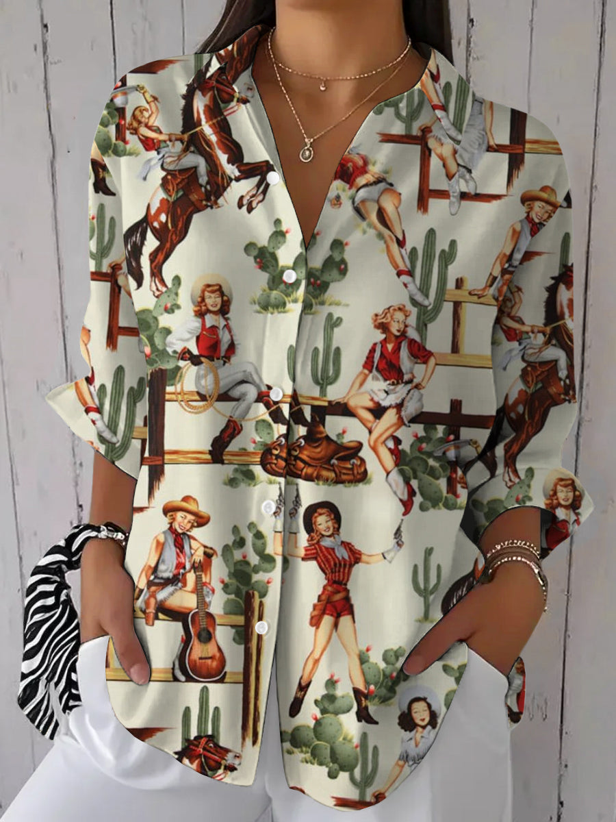 Camisa de manga larga casual con estampado vaquero occidental vintage para mujer