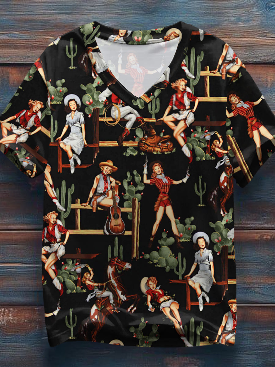 Mujer Vintage Western Cowgirls Imprimir Casual V-cuello Tee