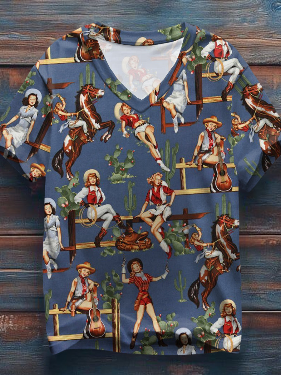 Mujer Vintage Western Cowgirls Imprimir Casual V-cuello Tee