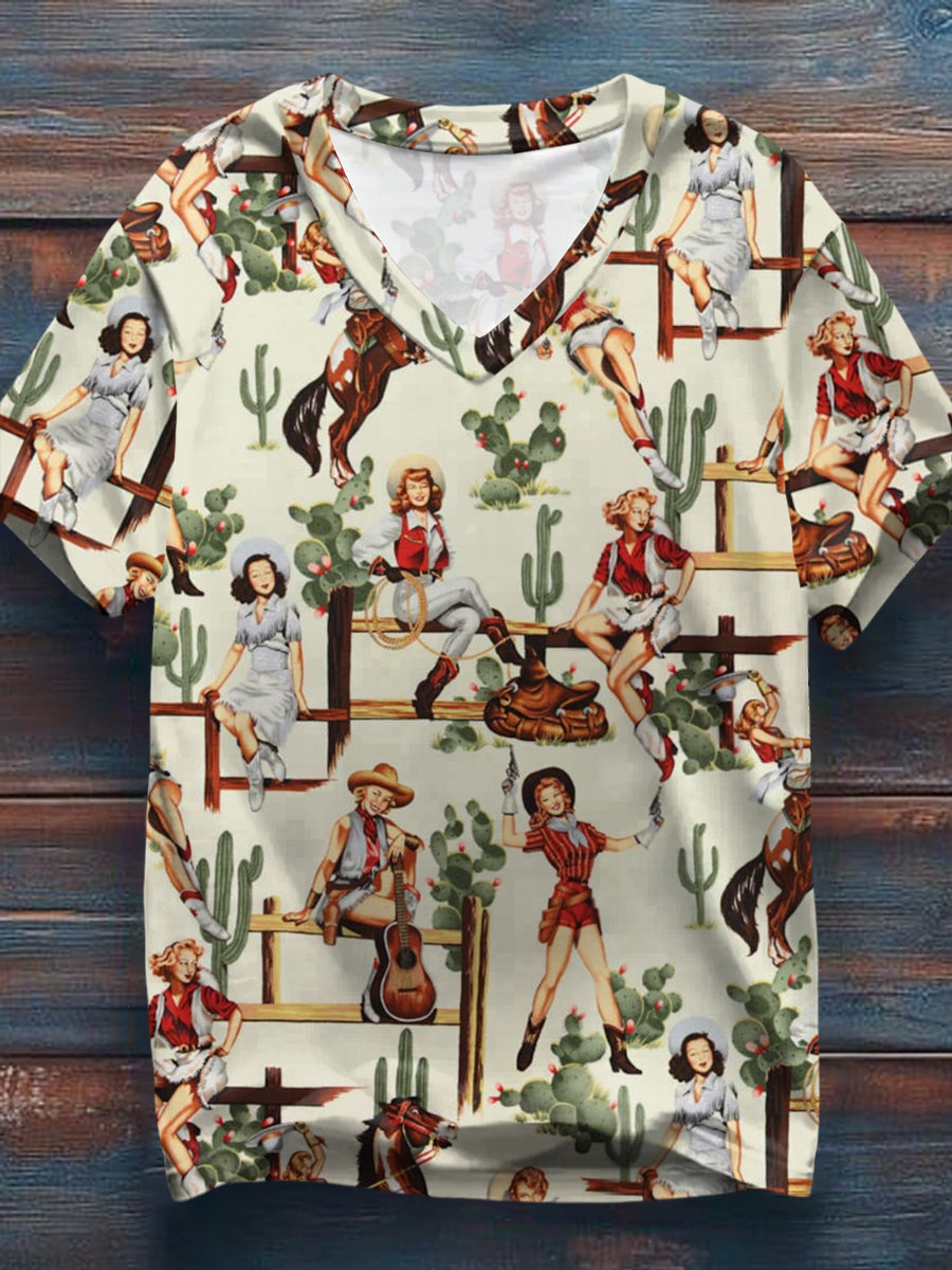 Mujer Vintage Western Cowgirls Imprimir Casual V-cuello Tee