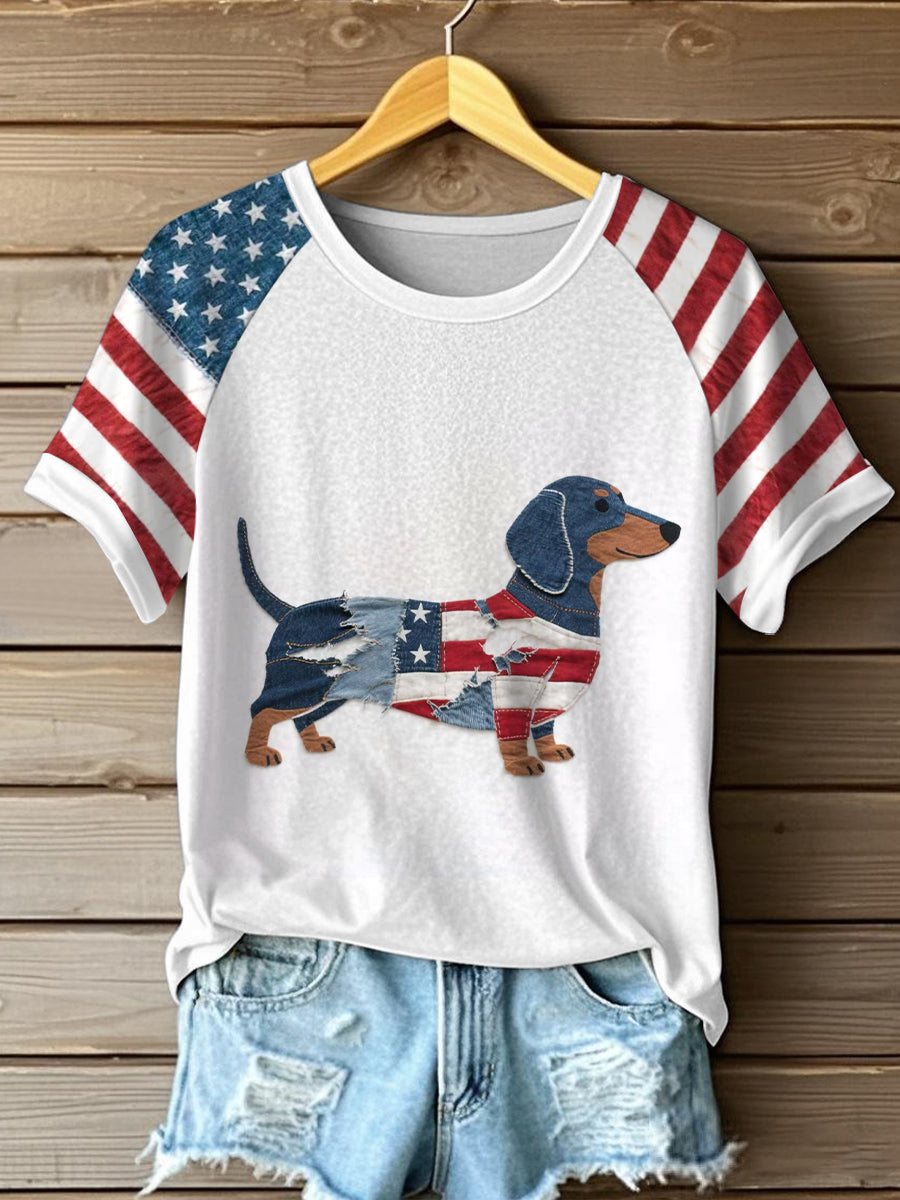 Día de la Independencia de las mujeres inspirado Dachshund Patchwork Art camiseta