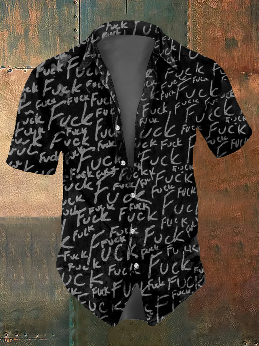 Camisa de manga corta casual con estampado de texto psicodélico abstracto para hombre