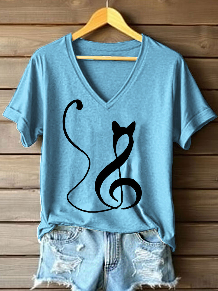 Music Note Inspired Cat Print Camiseta cuello en V para mujer