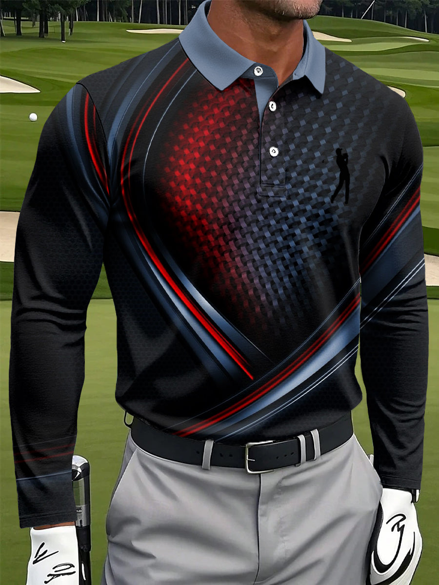 Polo de manga larga de negocios informal con estampado de rayas geométricas abstractas artísticas para hombres