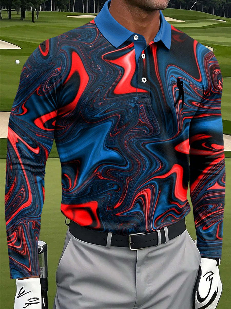 Polo de manga larga de negocios informal con estampado de textura de mármol multicolor artístico para hombres