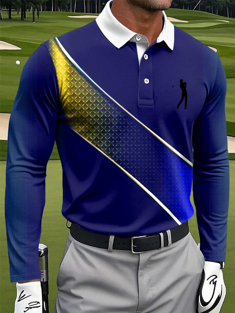 Polo de manga larga de negocios informal de la impresión del arte de la textura del gradiente rayado retro de los hombres