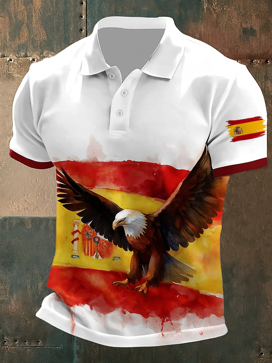 Polo informal de algodón estampado abstracto de águila patriótica de la bandera española de la vendimia unisex