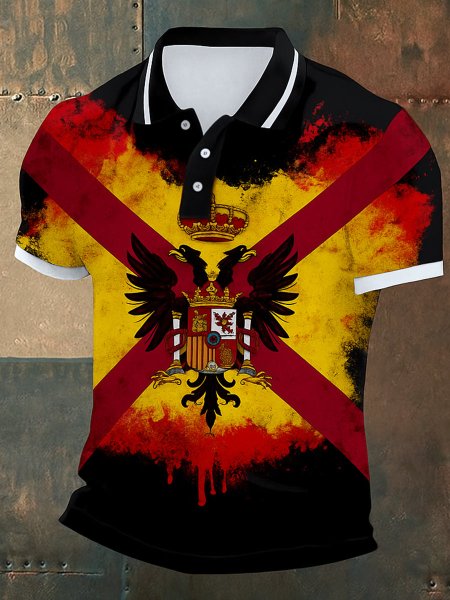 Polo informal de algodón estampado abstracto de águila patriótica de la bandera española de la vendimia unisex