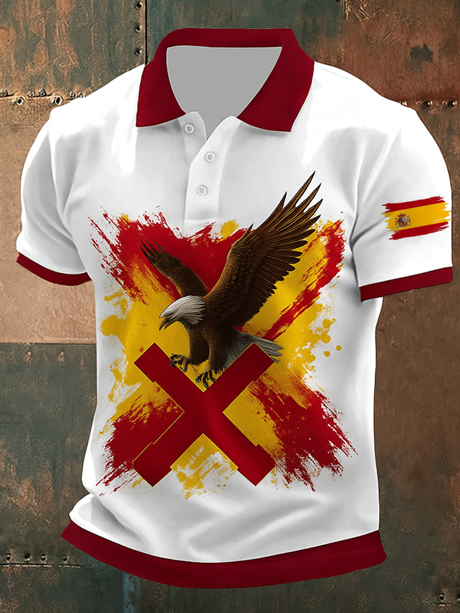 Polo informal de algodón estampado abstracto de águila patriótica de la bandera española de la vendimia unisex