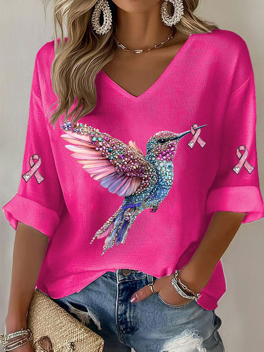 Camiseta casual con estampado Hummingbird de cáncer de mama para mujer
