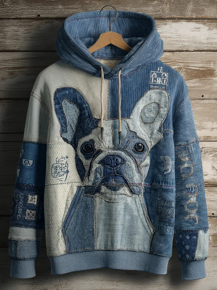Denim Dog Print Art Casual Sudadera con capucha