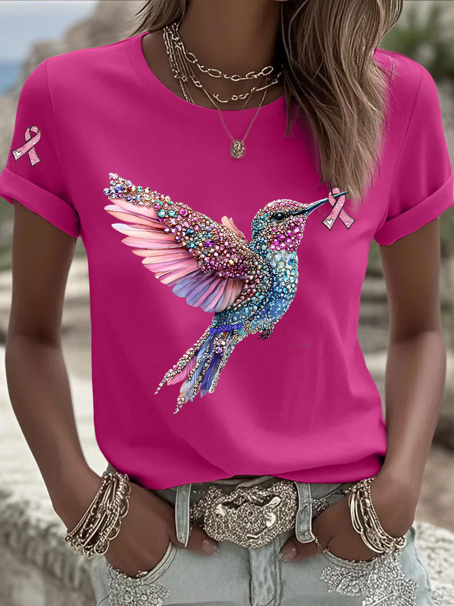 Camiseta casual con estampado de cinta rosa para mujer