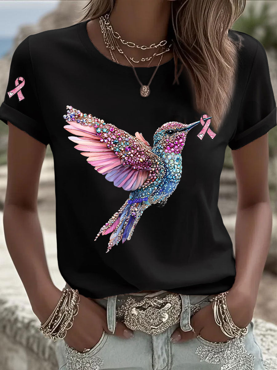 Camiseta casual con estampado de cinta rosa para mujer
