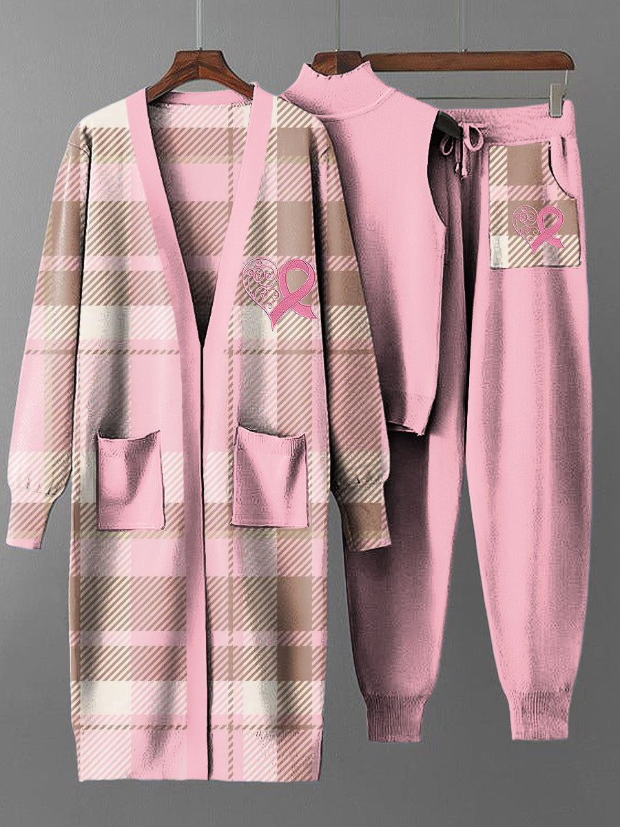 Conjunto de tres piezas de punto de abrigo largo a cuadros rosa vintage para mujer