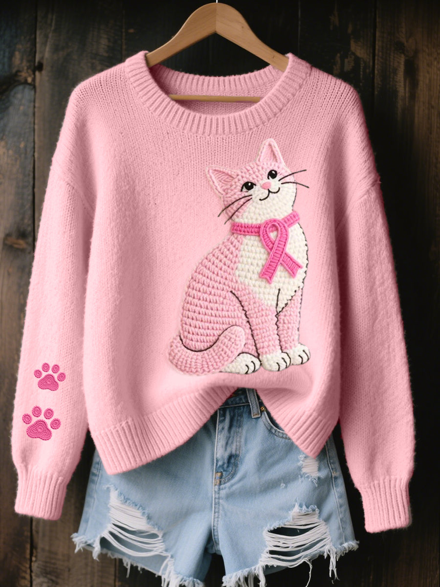 Encantador Gato Crochet Patrón Cozy Knit Sweater de mujer