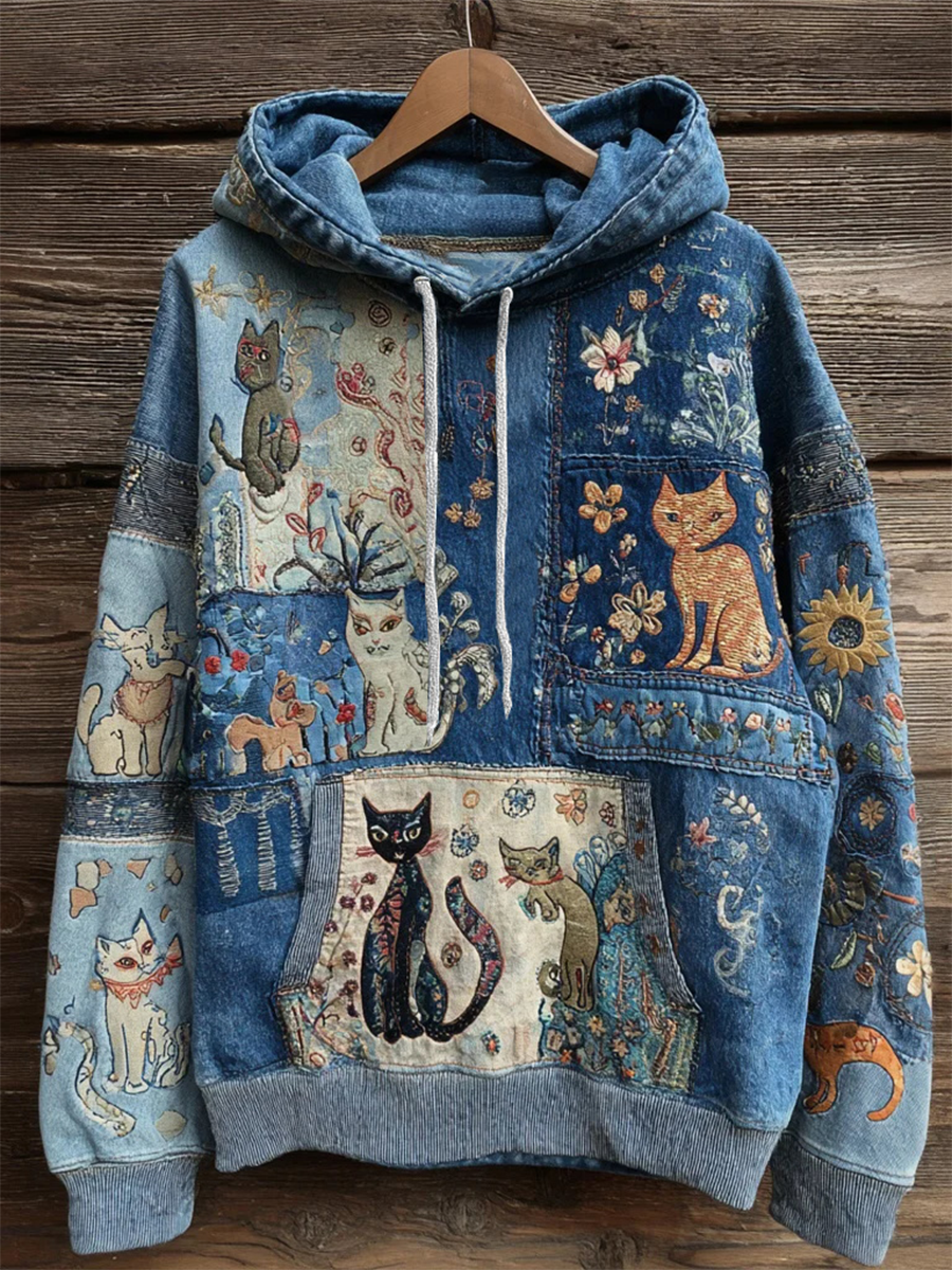 Sudadera con capucha de bolsillo casual con estampado artístico de gato para mujer