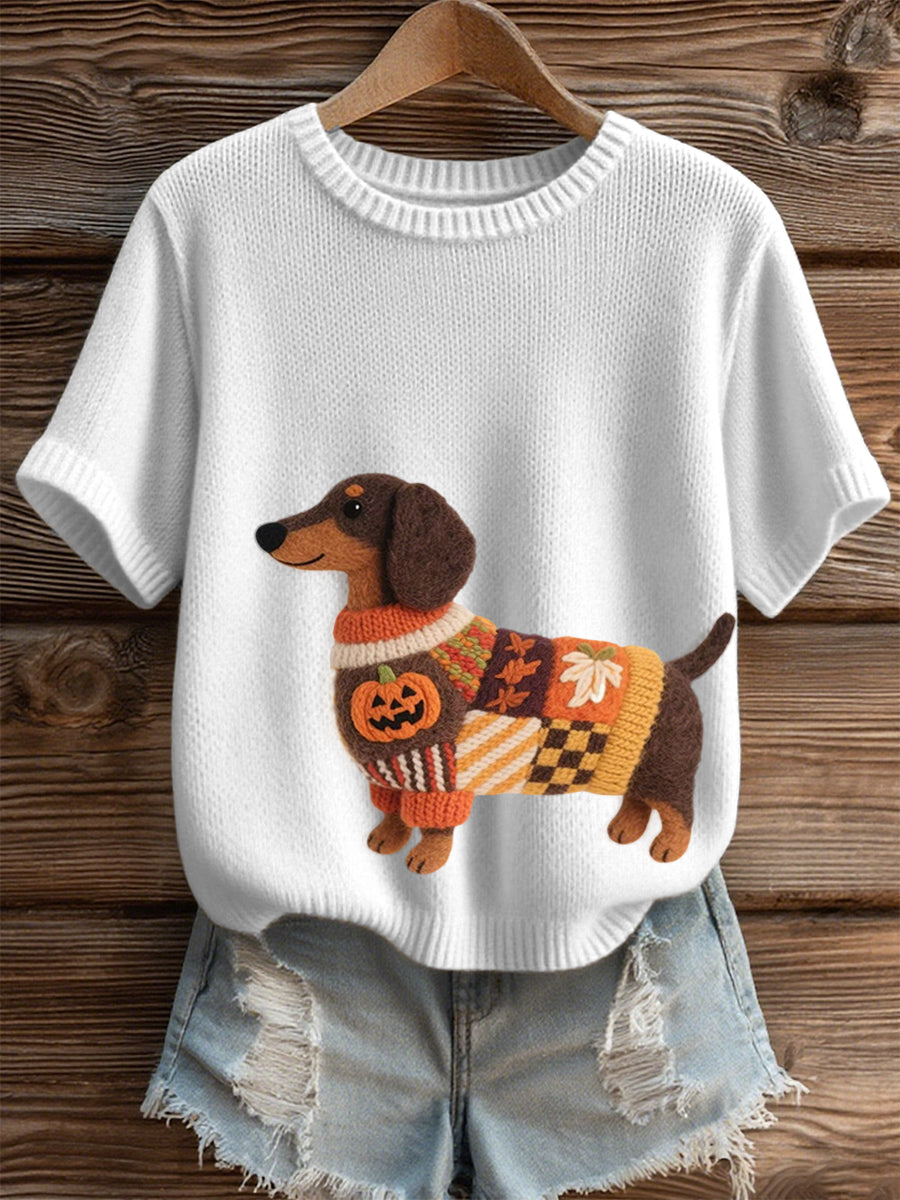 Top de punto acogedor de arte fieltro Dachshund inspirado en Halloween para mujer
