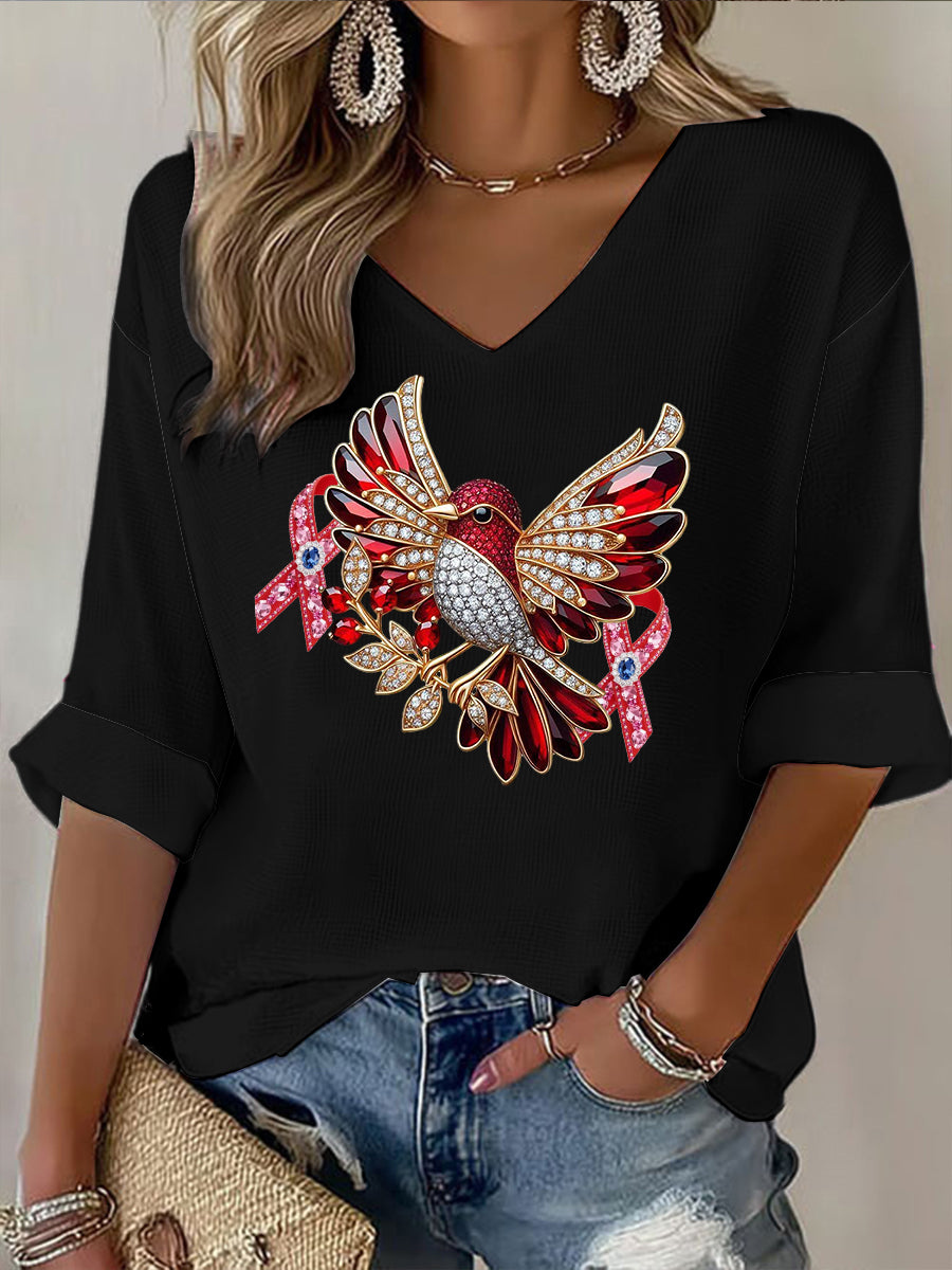 Colibrí de diamante minimalista de mujer con cinta de manga larga con cuello en V negro