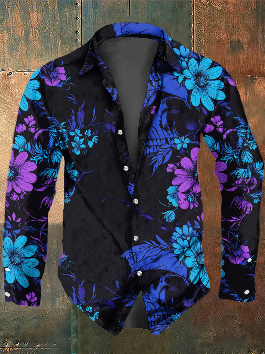 Camisa vintage casual con estampado de flores eternos estilo retro oscuro para hombres