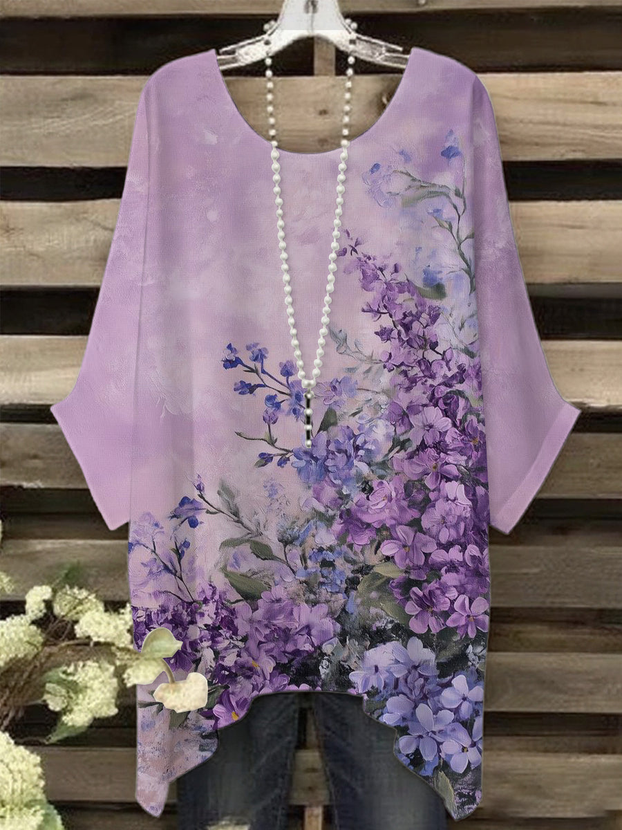 Camiseta púrpura de la impresión del arte de la flora de las mujeres