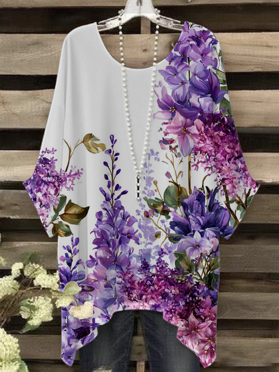Camiseta púrpura de la impresión del arte de la flora de las mujeres