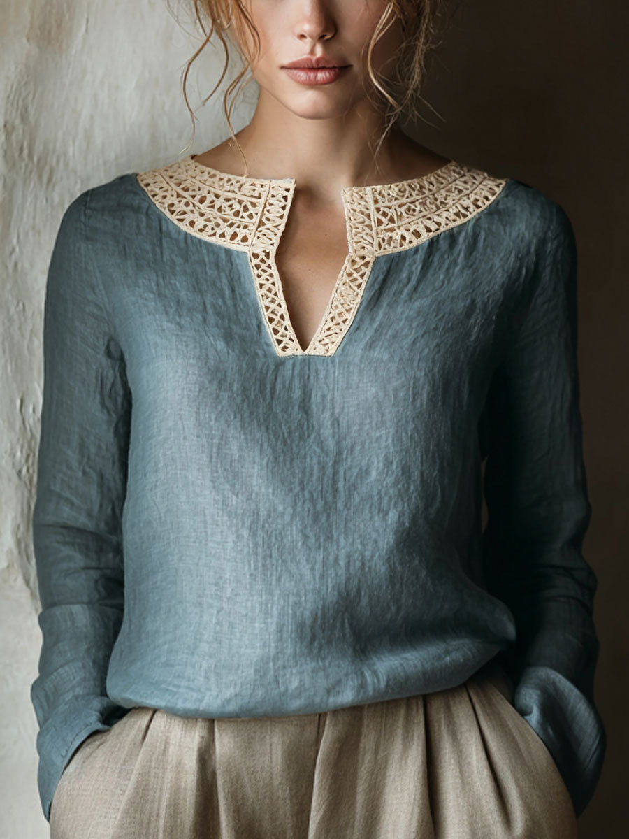 Camisa de lino de patchwork de encaje vintage para mujer