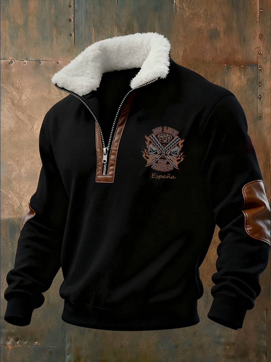 Sudadera con cremallera media casual de moda retro para hombres con cuello de piel