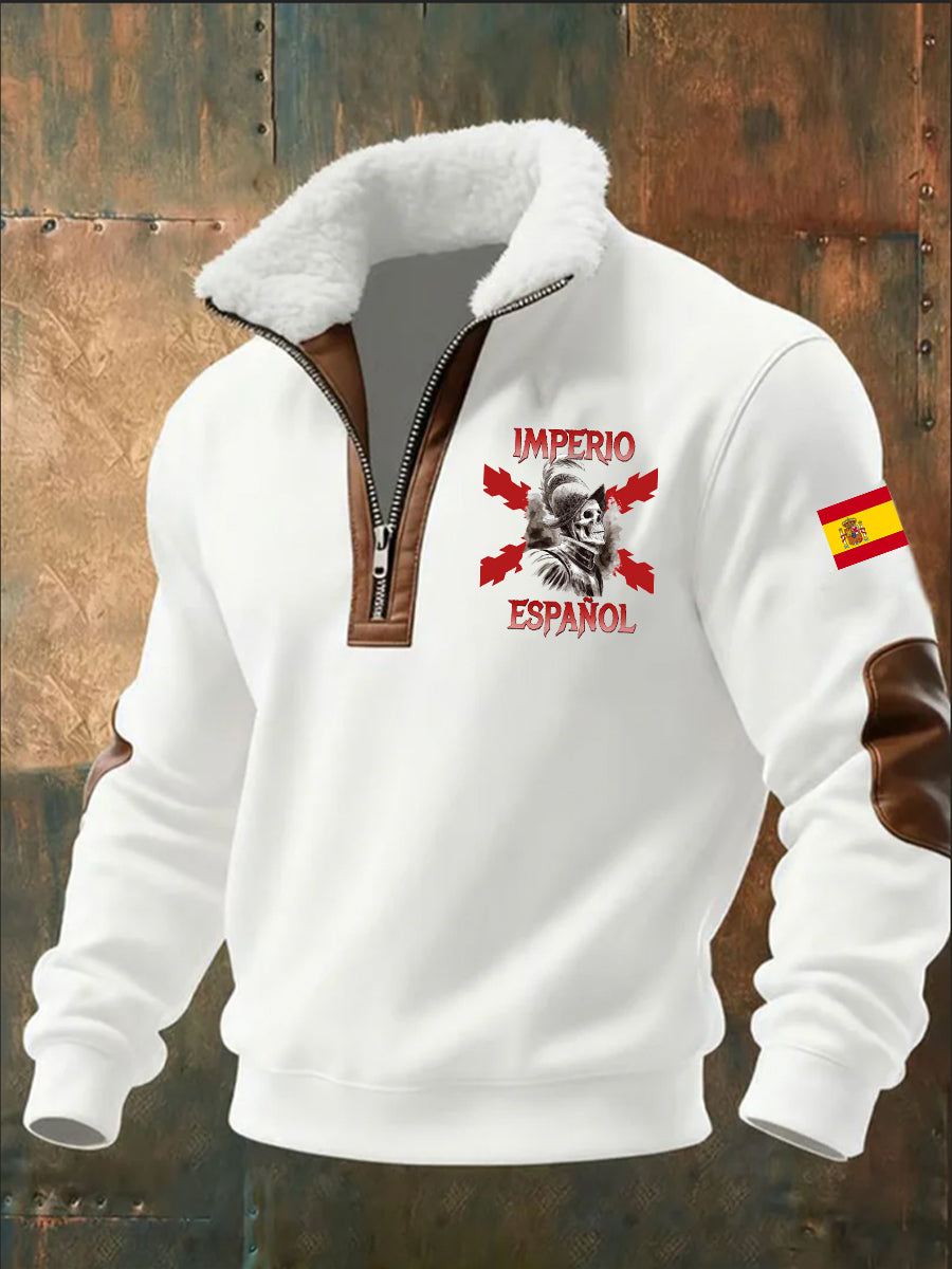 Sudadera con cremallera media casual de moda retro para hombres con cuello de piel