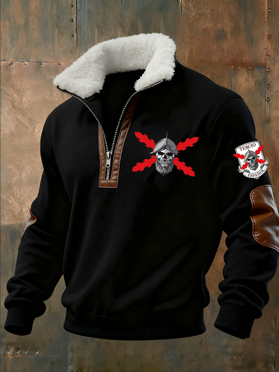 Sudadera con cremallera media casual de moda retro para hombres con cuello de piel