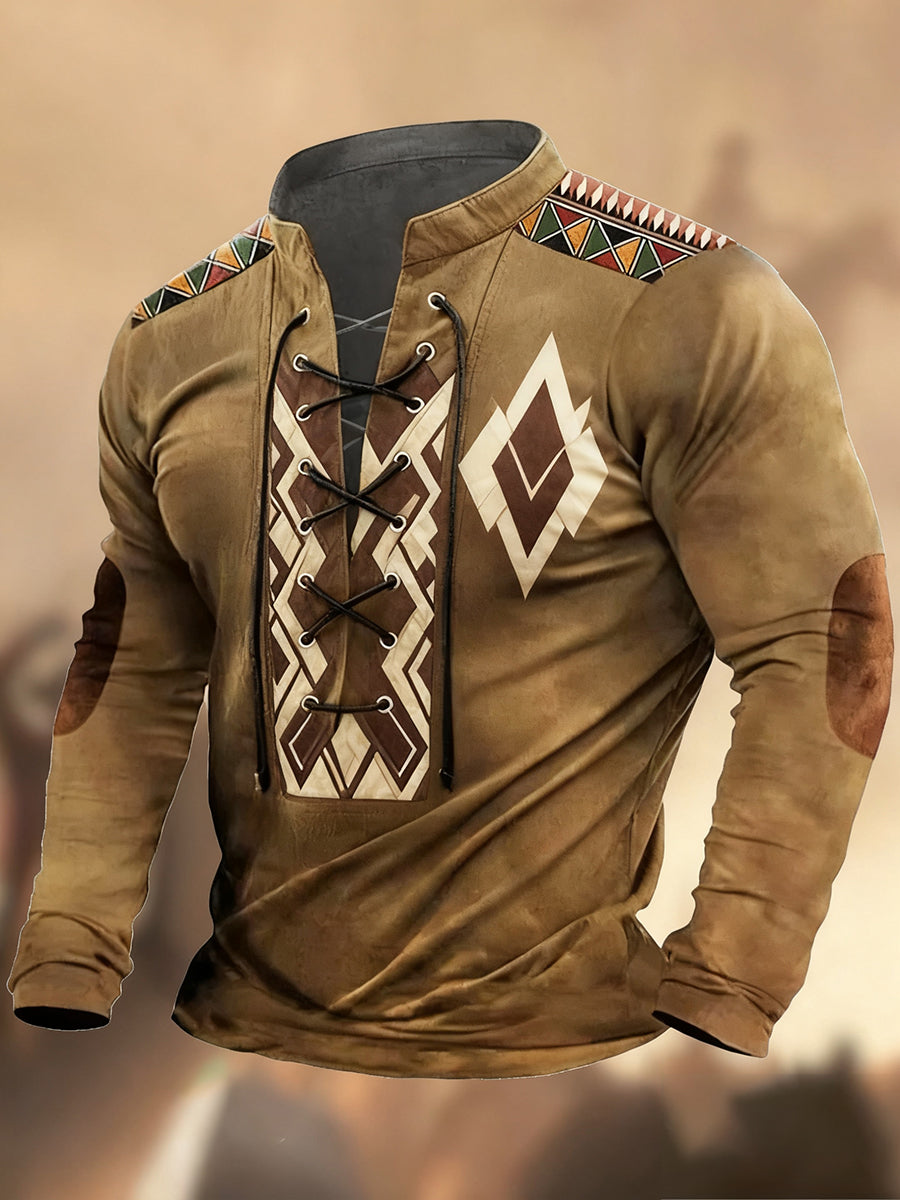 Vintage Western Art Print Country Style Cuello en V Henley Camisa de manga larga