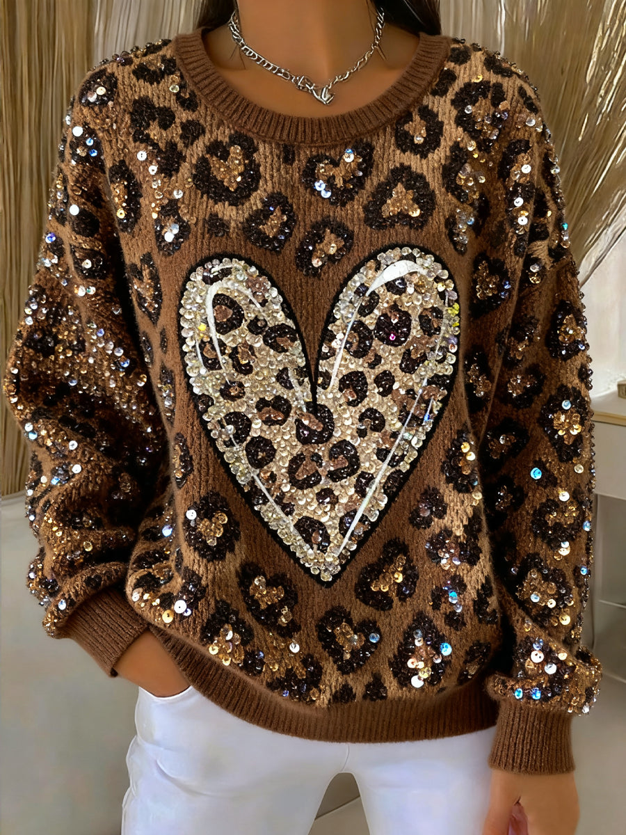 Thanksgiving Leopard Print Heart Art Crew Neck Pullover Mujer