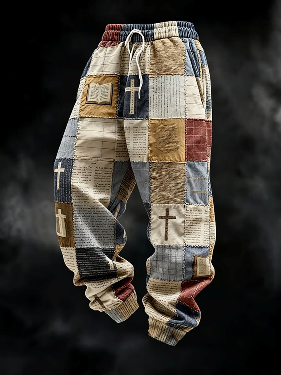Patchwork de los hombres de la fe Impreso Chic Loose cómodo Pantalones