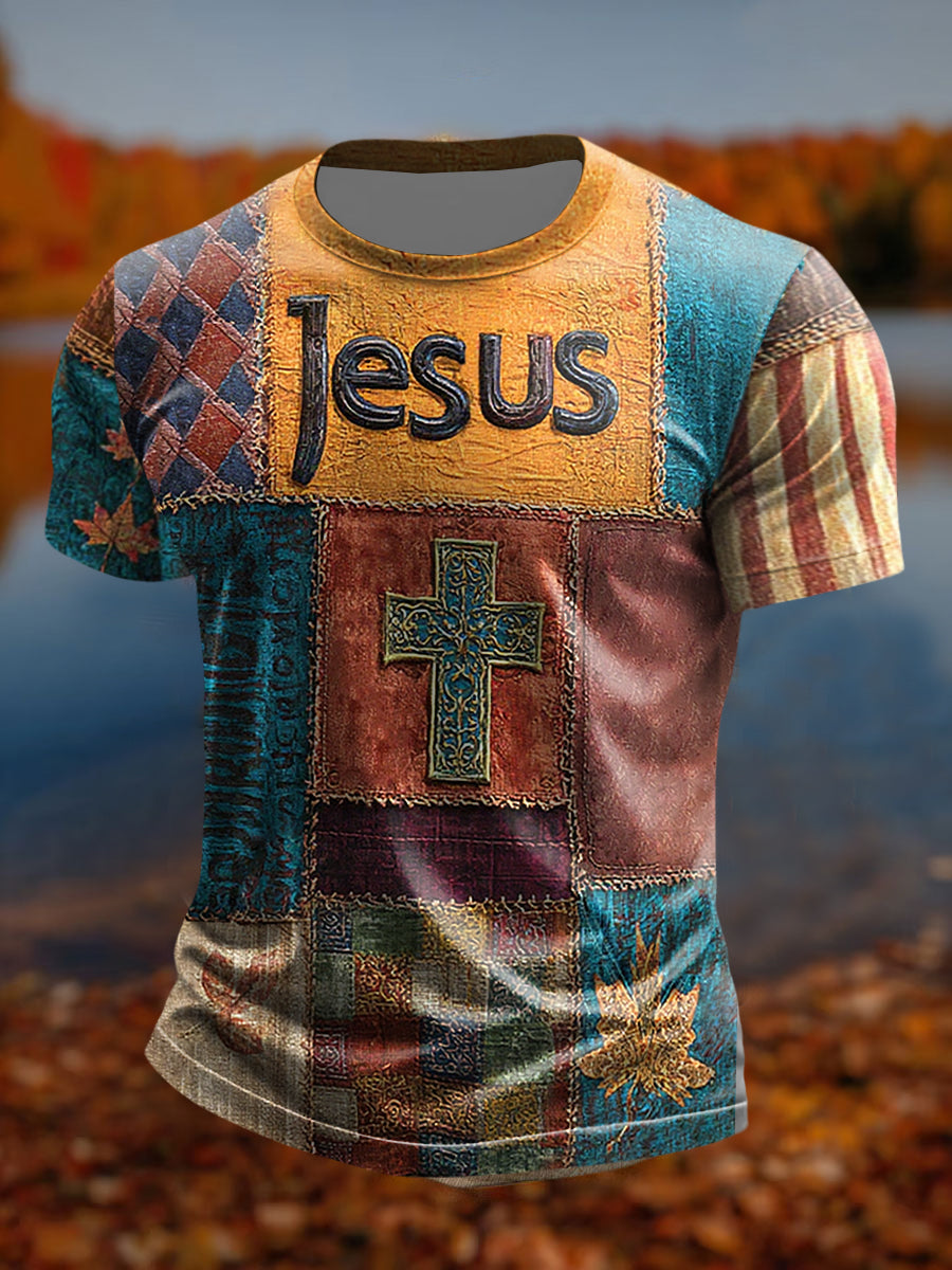 Camiseta de manga corta con estampado de arte cruzado de fe casual retro para hombre