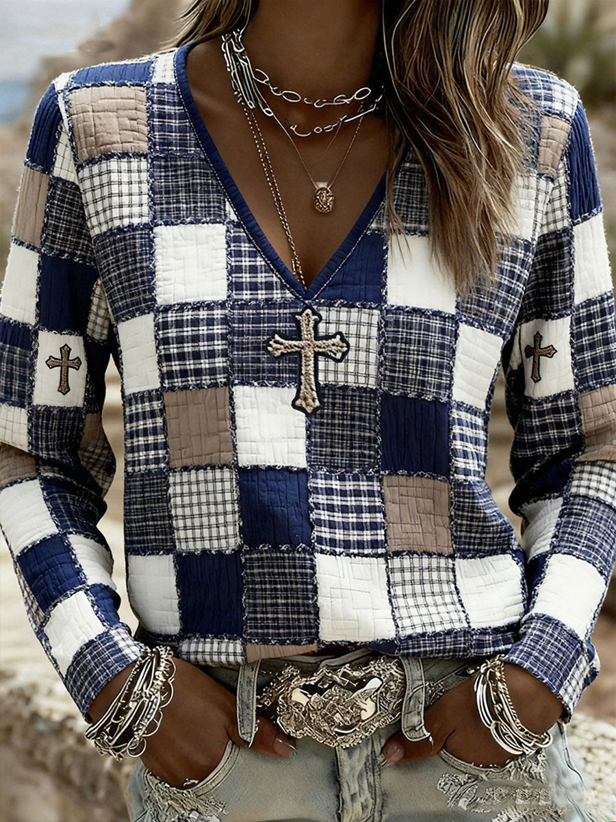 Plaid Patchwork Cross V-Neck Camiseta de mujer