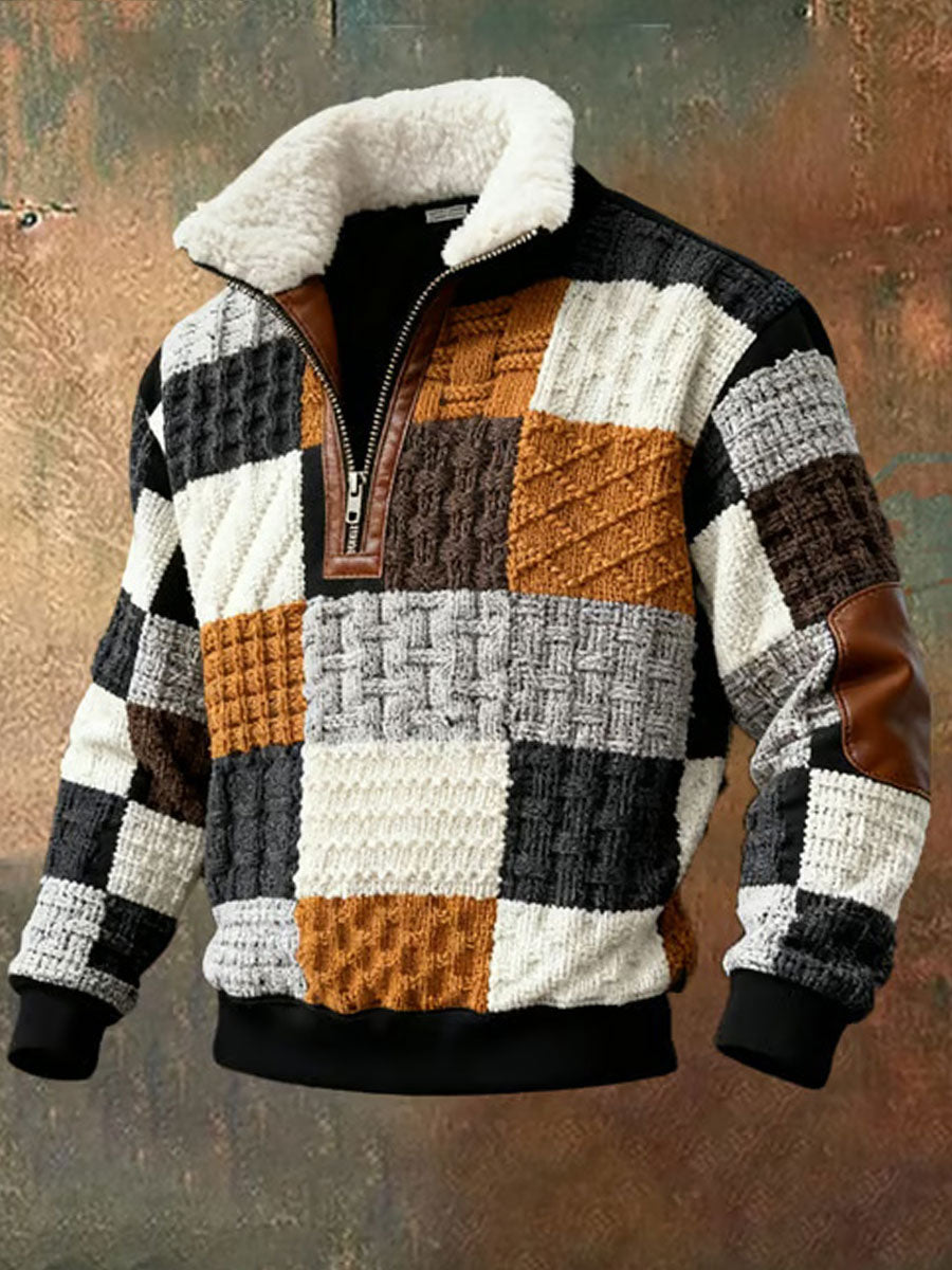 Hombres Retro Color Block Imprimir Casual Cuello de piel Sudadera de manga larga