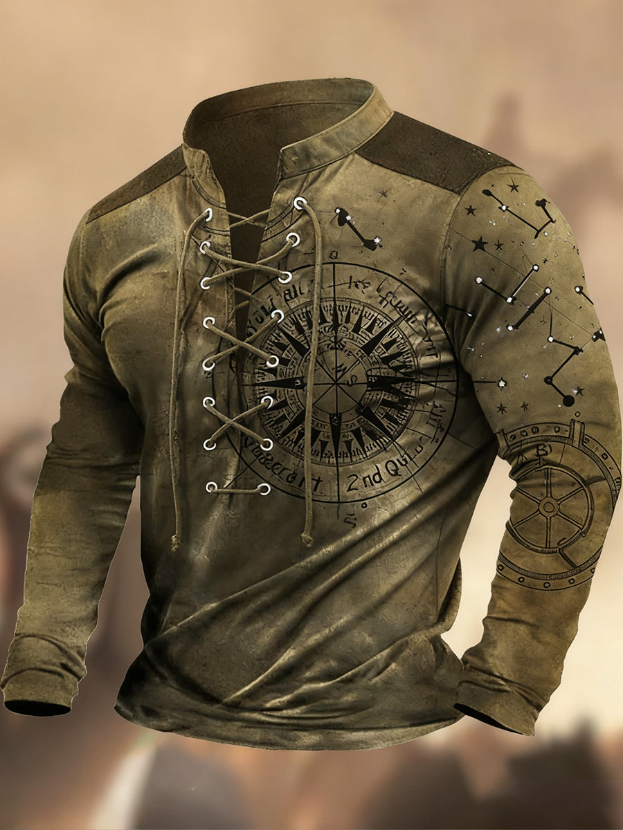 Vintage Western Art Print Country Style Cuello en V Henley Camisa de manga larga