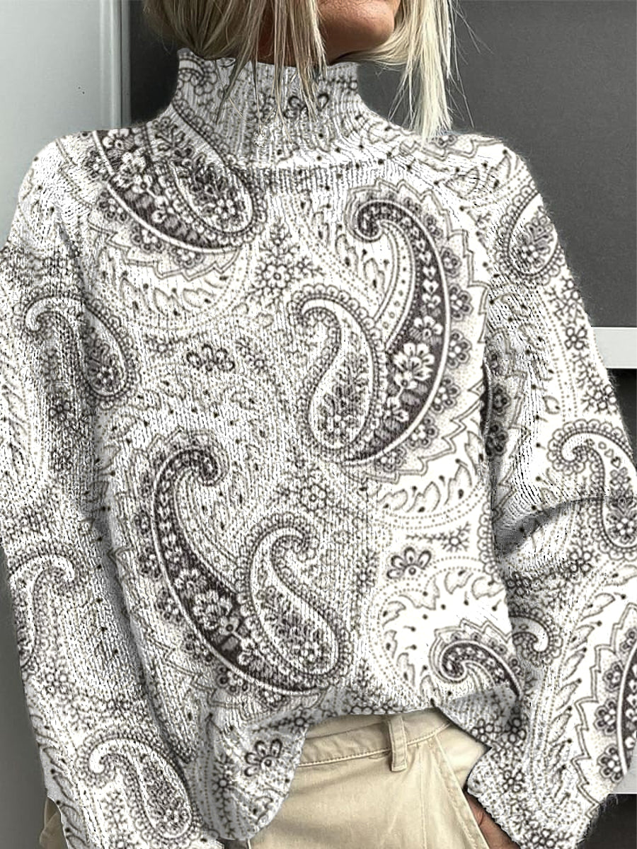 Jersey de cuello alto Paisley blanco y negro para mujer