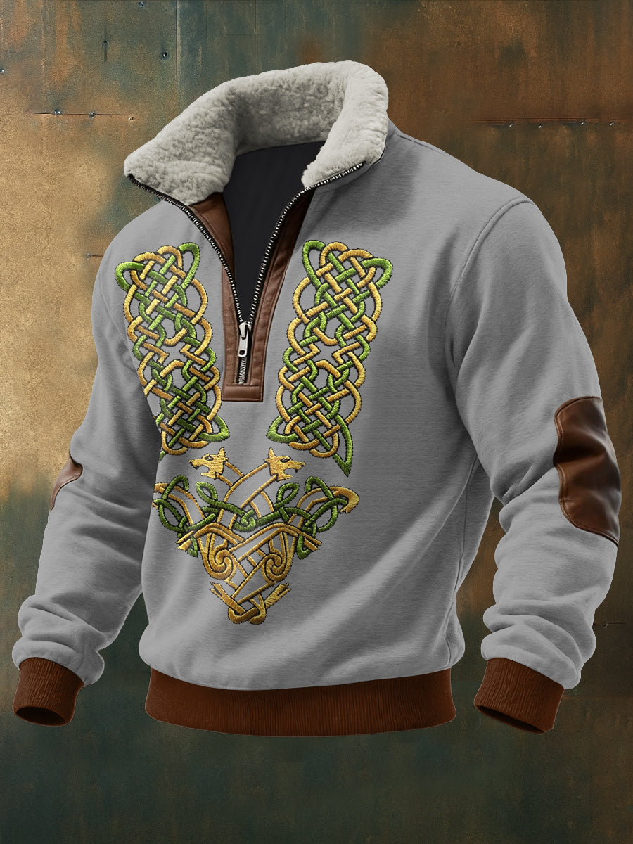 Hombres Viking Totem Impreso de manga larga Stand Up Collar Lambhair Zipper Top