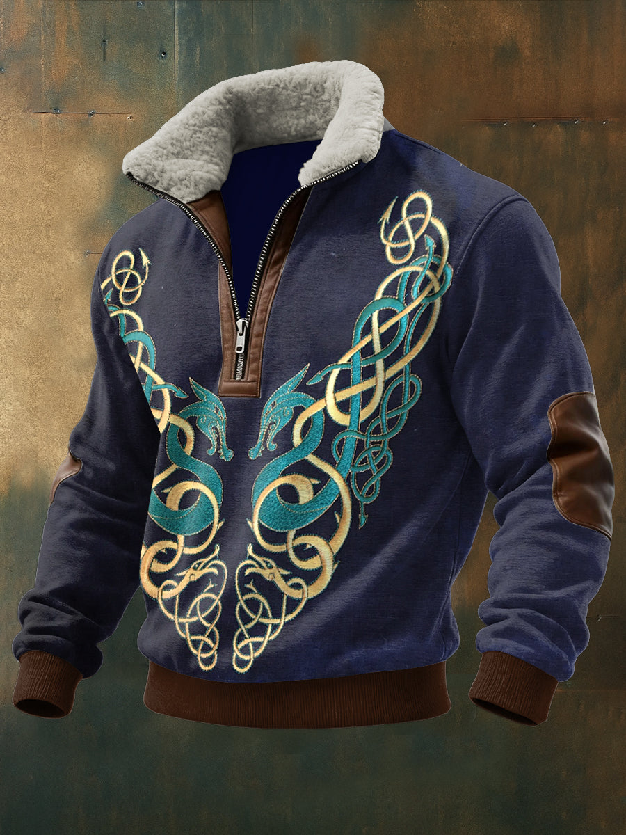 Hombres Viking Totem Impreso de manga larga Stand Up Collar Lambhair Zipper Top