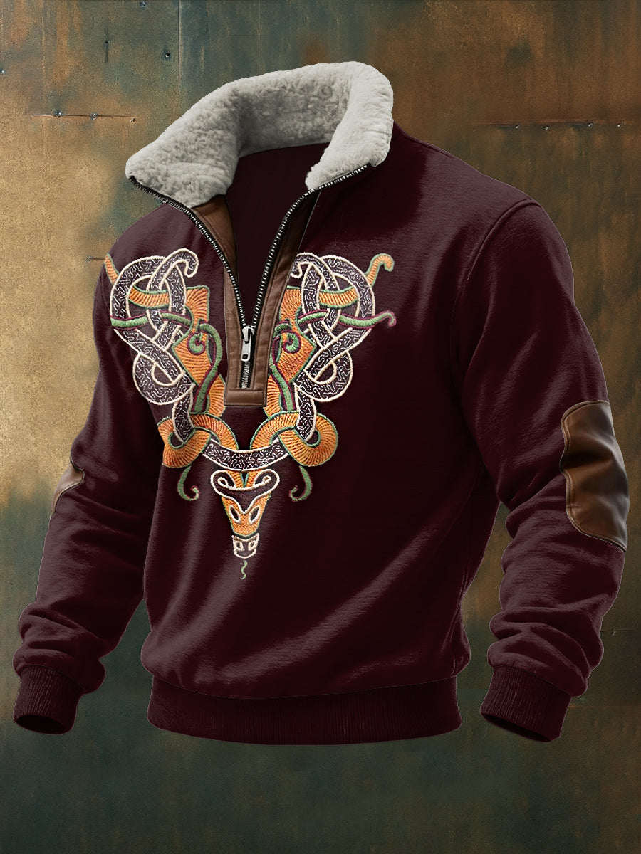 Hombres Viking Totem Impreso de manga larga Stand Up Collar Lambhair Zipper Top