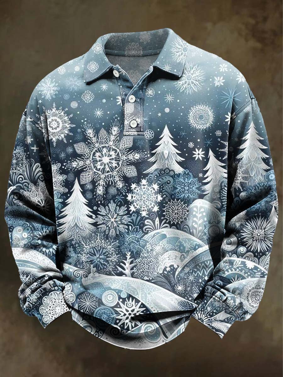 Polo de manga larga casual con estampado de copo de nieve de Navidad