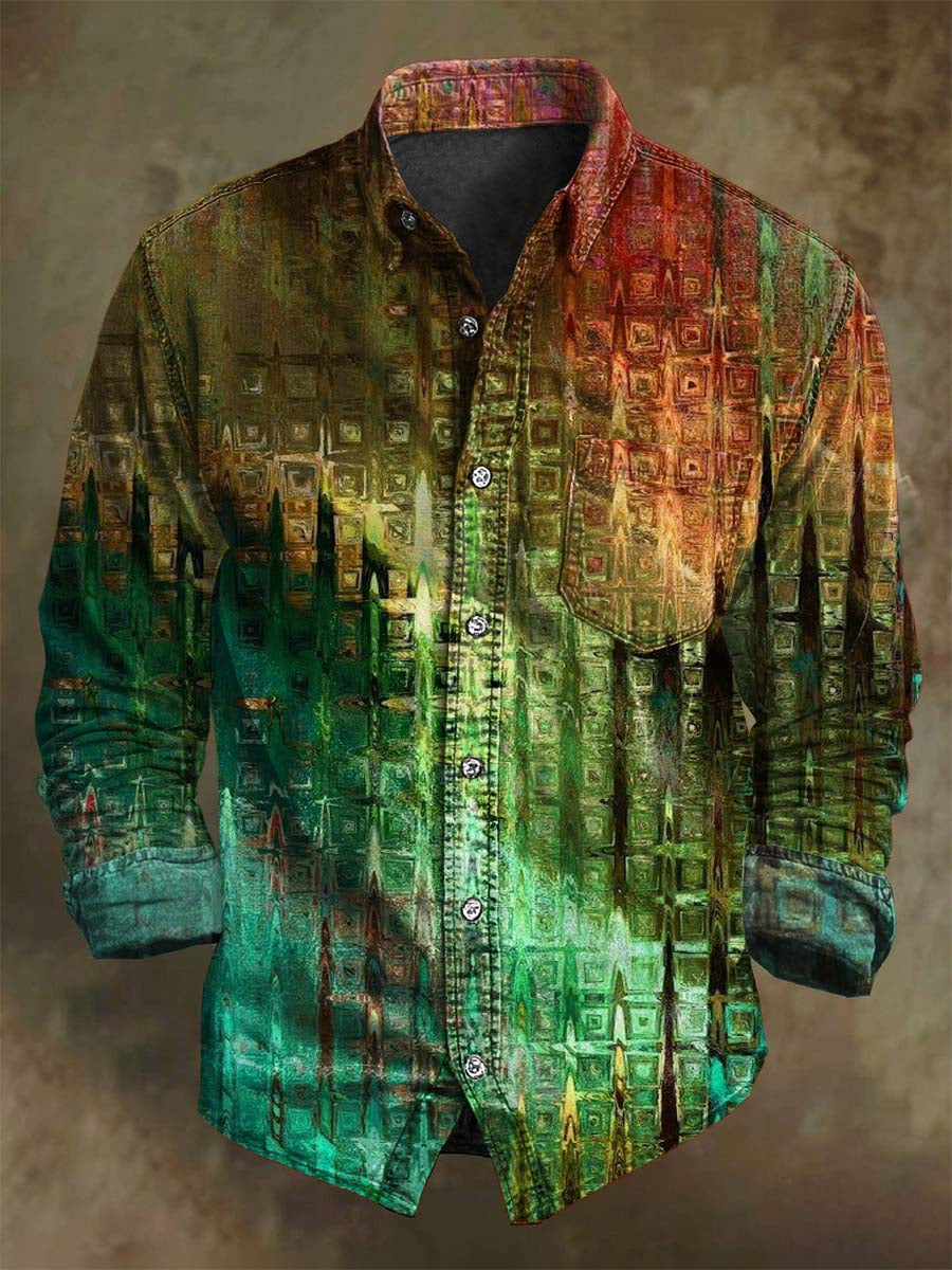 Camisa de manga larga casual con estampado geométrico degradado abstracto