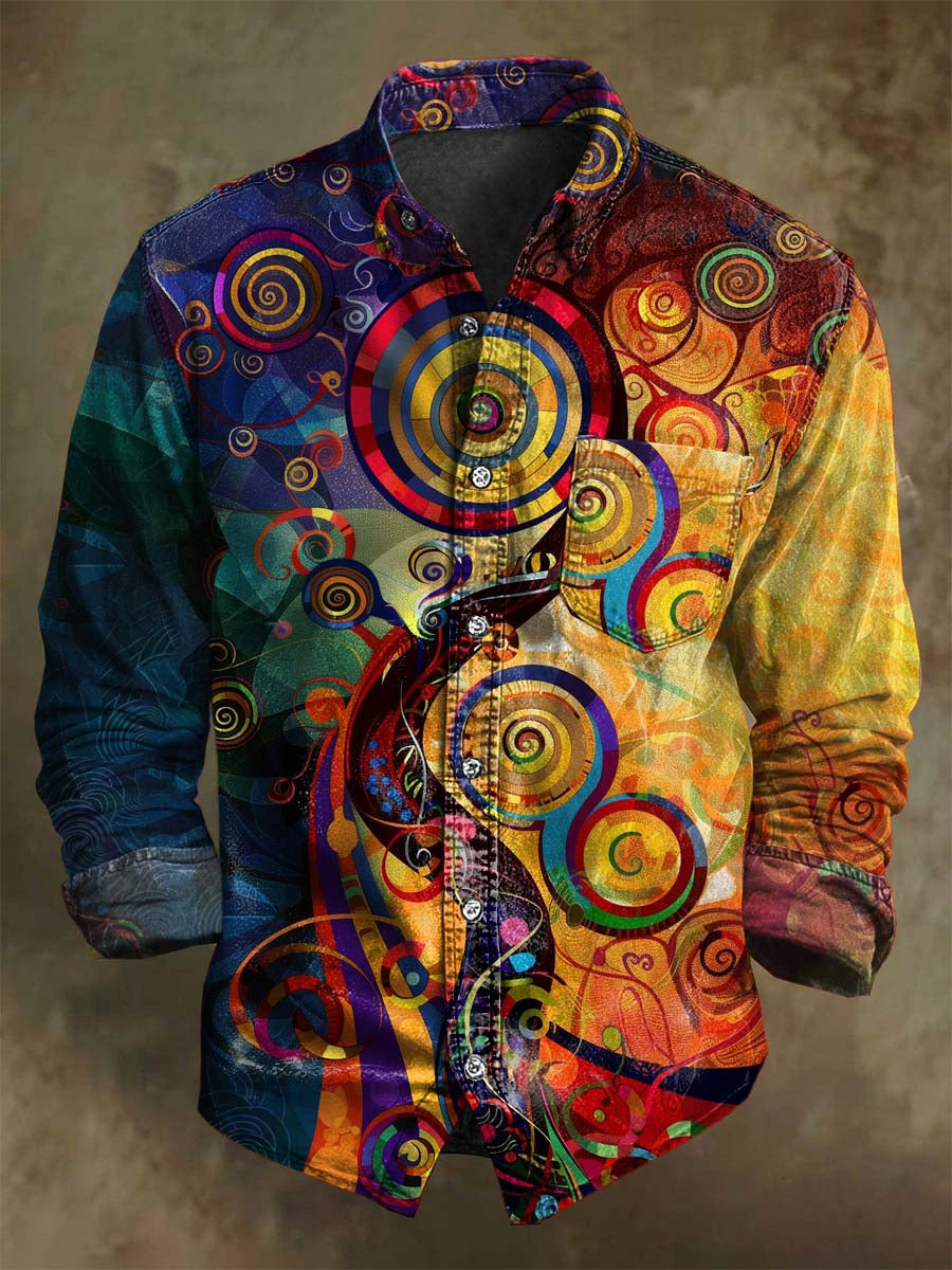 Abstracto gradiente arte espiral impresión casual camisa de manga larga