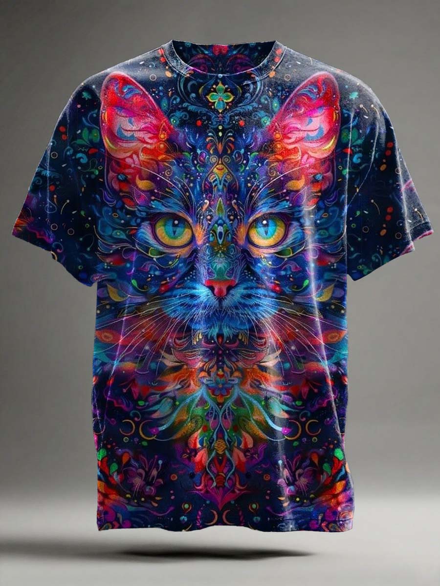Camiseta informal de manga corta con estampado de gato abstracto