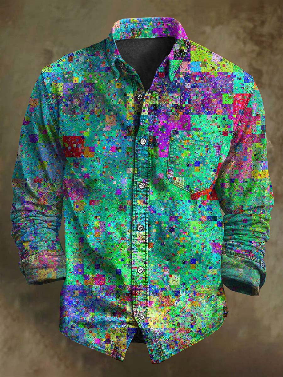Camisa de manga larga informal con estampado de mosaico abstracto de color bloqueado