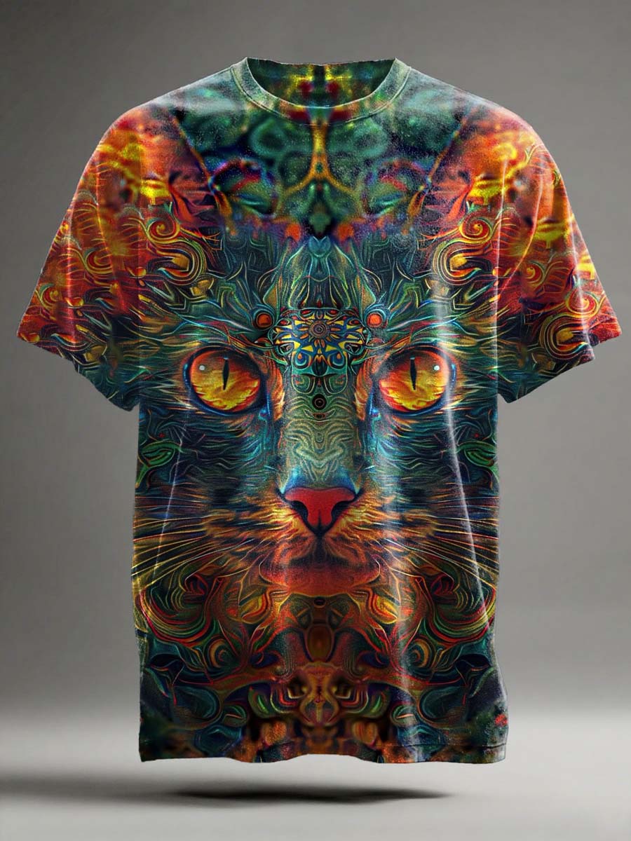 Camiseta informal de manga corta con estampado de gato abstracto